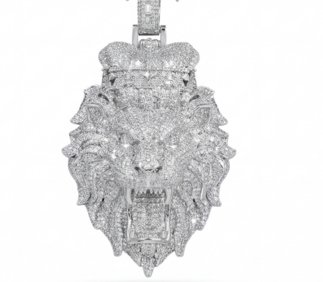 Silver iced out lion head pendant with CZ stones