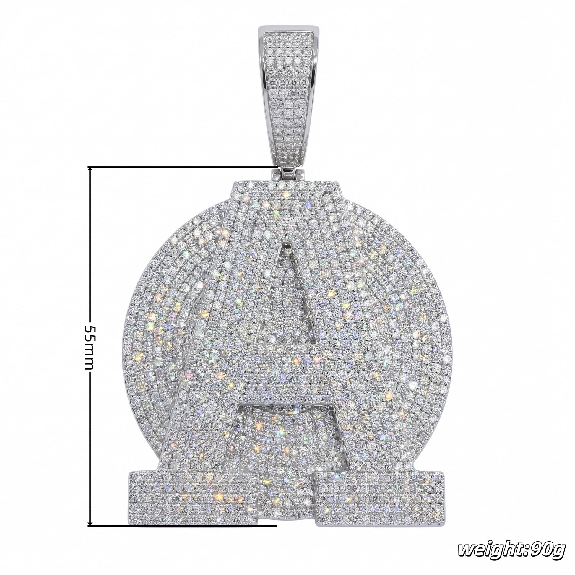 Spaceice custom letter pendant size guide, 2-inch hip-hop necklace dimensions