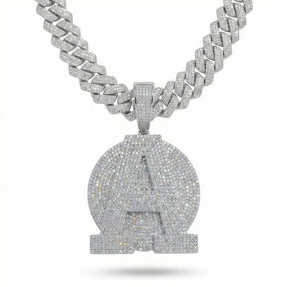 Iced Custom Block Letter A Pendant Necklace, Full Micro Pave Hand-Set CZ Diamond Round Medallion, Silver Plated Thick Miami Cuban Link Chain, Hip Hop Personalized Initial Alphabet Jewelry for Men Street Wear Gift