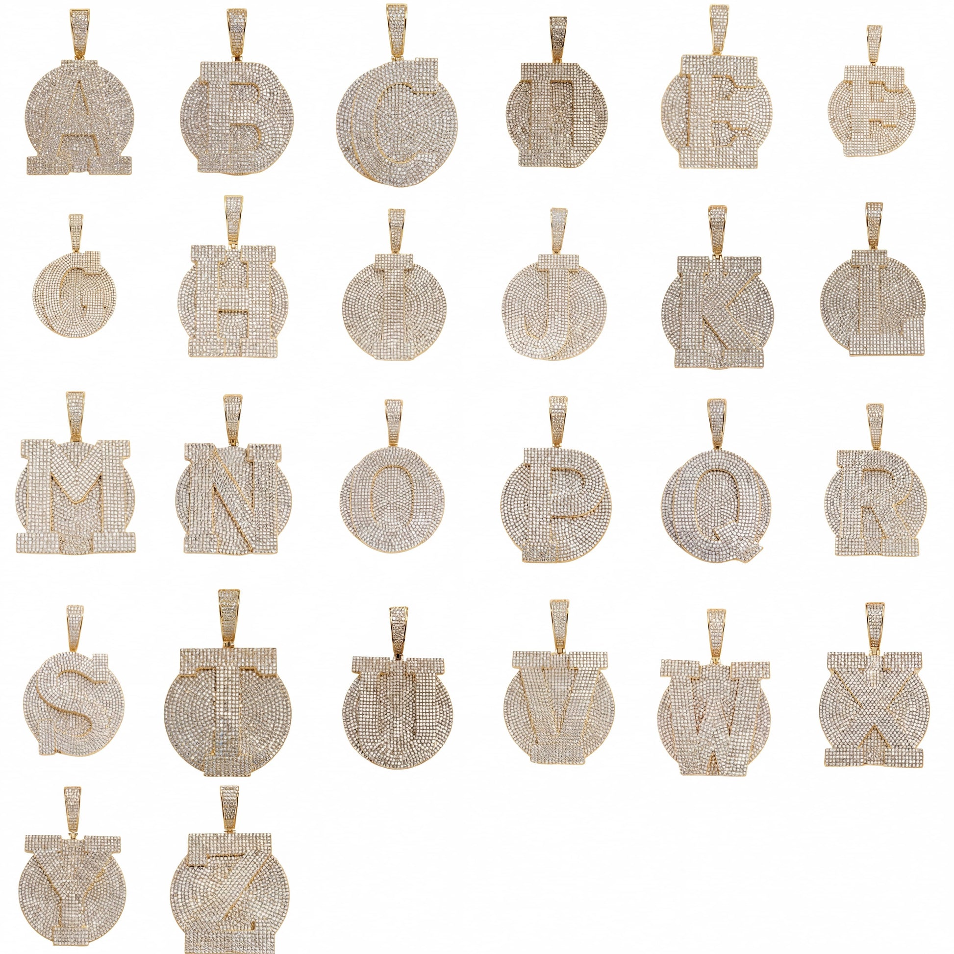 Spaceice full A-Z custom letter pendants in gold finish, fully iced-out hip-hop jewelry