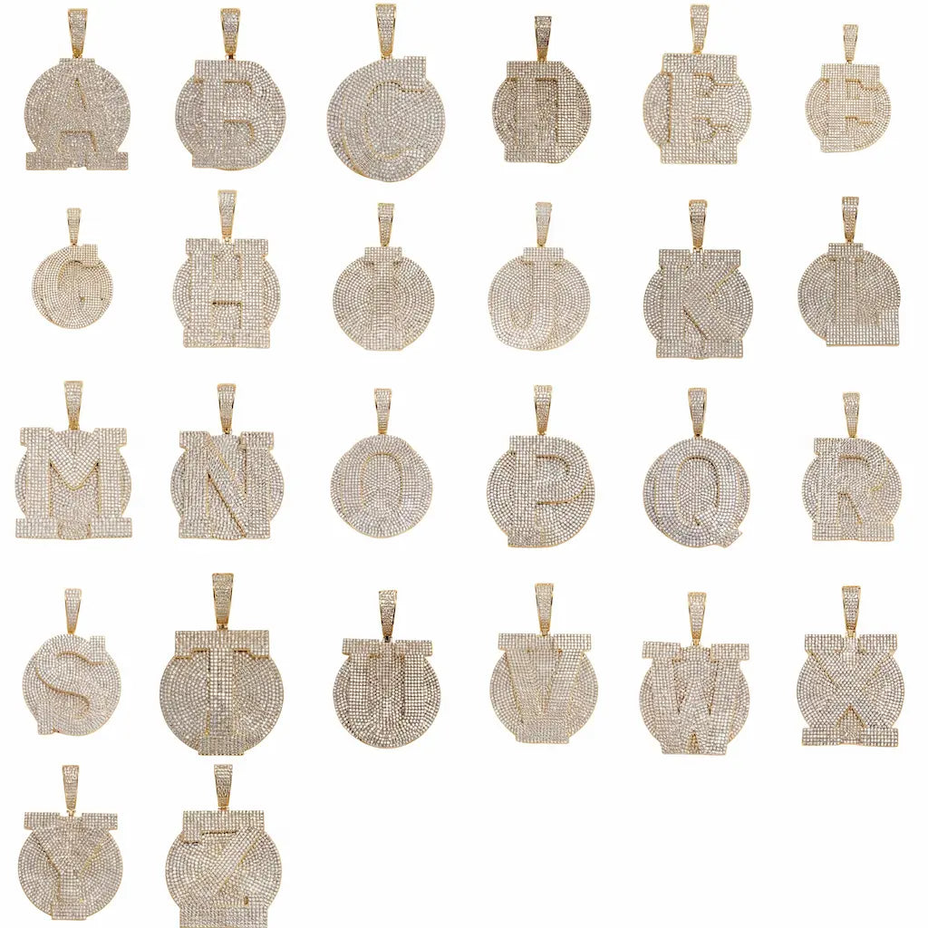 Spaceice full A-Z custom letter pendants in gold finish, fully iced-out hip-hop jewelry