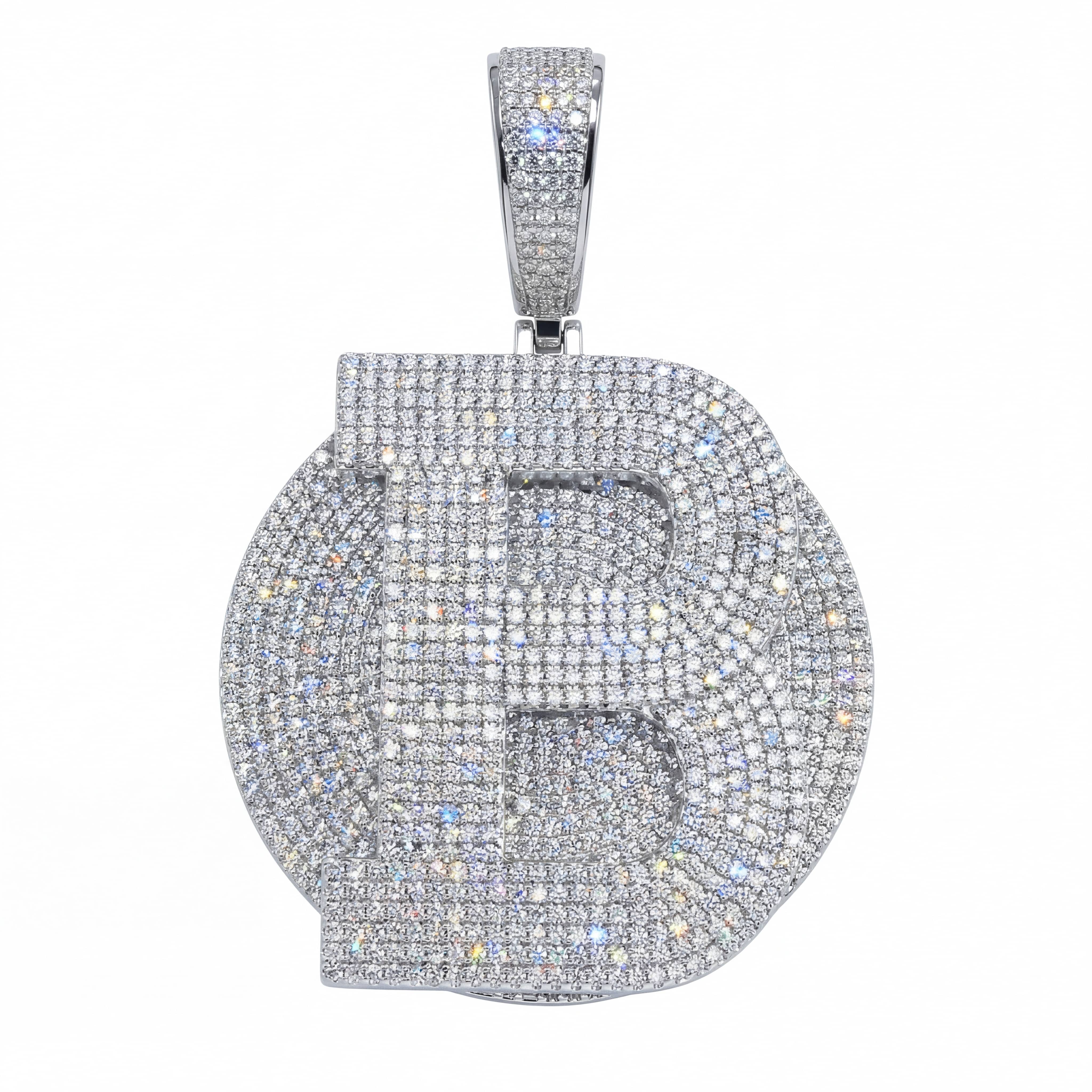 Spaceice Iced Out Custom Letter B Pendant, 2-inch fully paved CZ hip-hop necklace