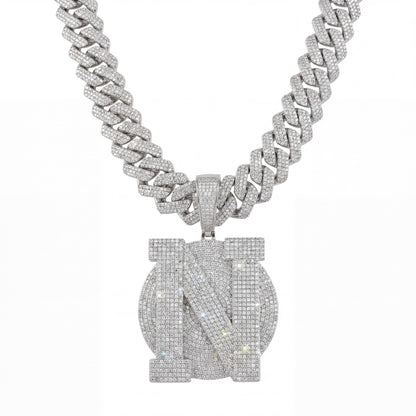 Custom Iced Out Initial N Pendant with Hand-Set CZ Stones, Big Round Letter N Medallion Necklace, Silver Miami Cuban Chain Hip Hop Men Personalized Jewelry