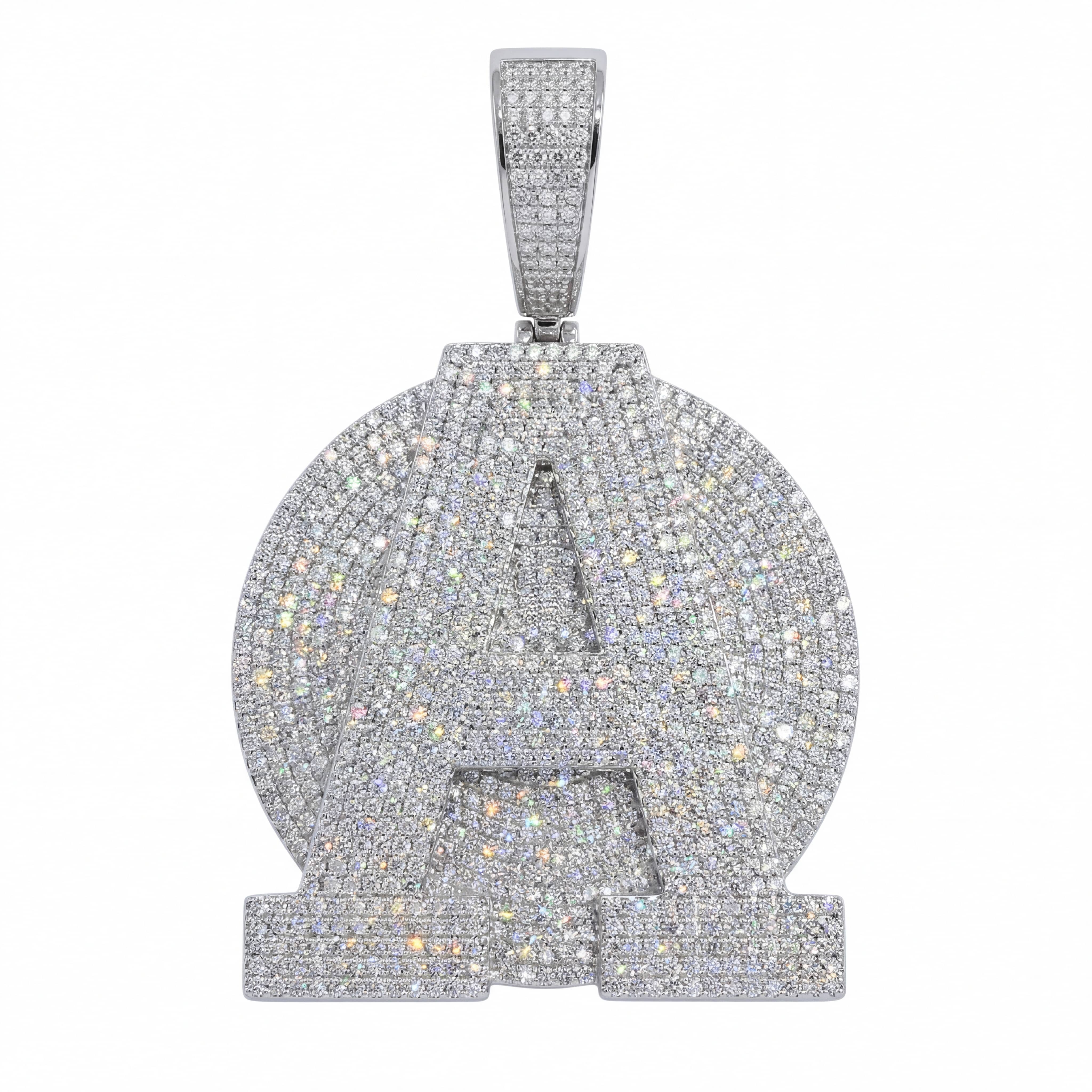 Close-up of Spaceice Letter A pendant, fully micro-paved CZ details and secure bail